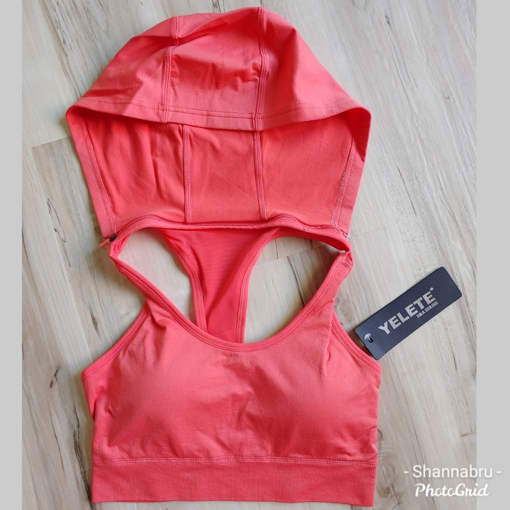 NWT Yelete Sports Bra with Detacheable Hood CORAL